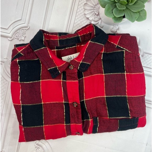 Style & Co Long Sleeve Collared Sequin Gold Button Up Plaid Shirt Size Small - Picture 3 of 12